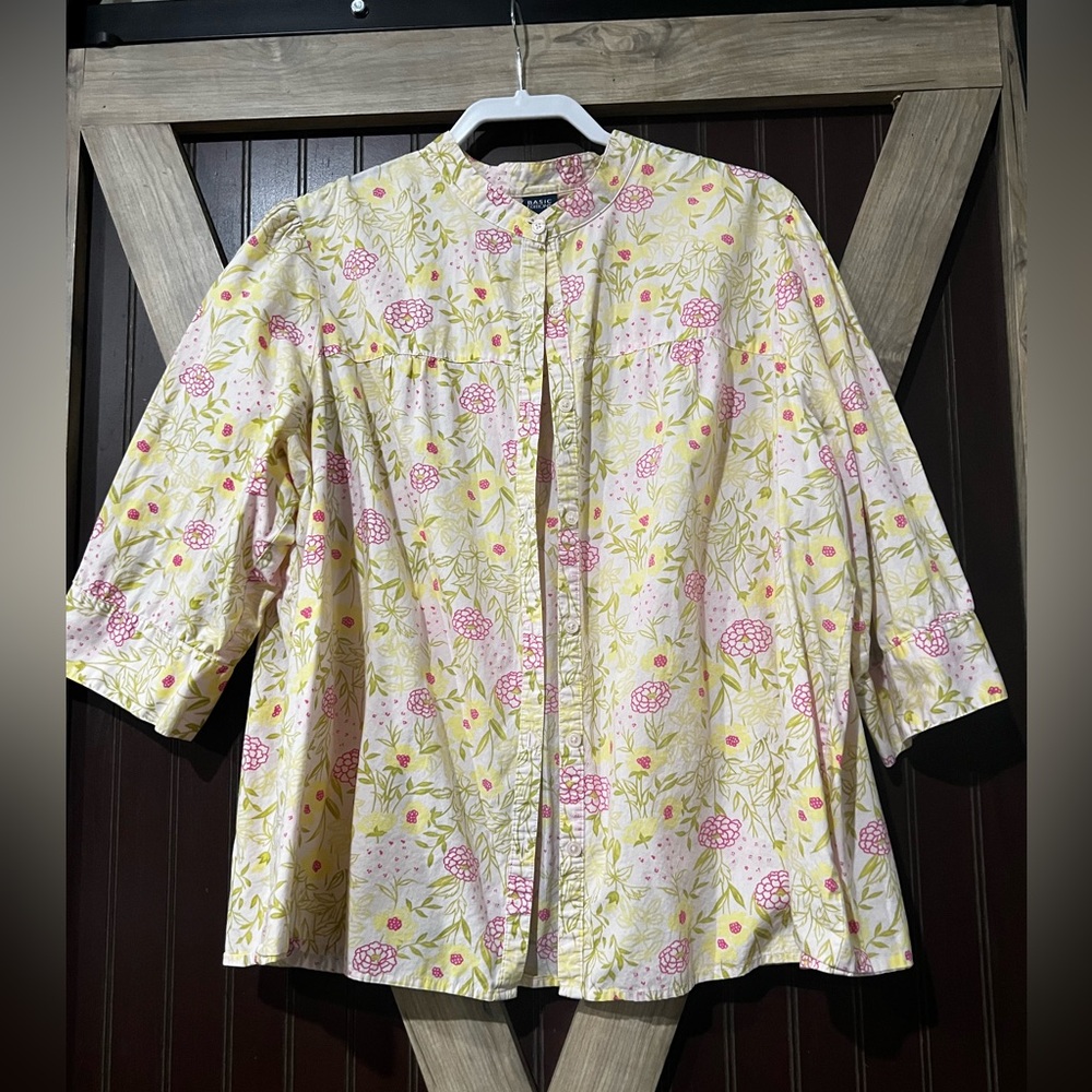 Basic Editions Pink and Yellow Floral Cotton Top 2X - Picture 3 of 4